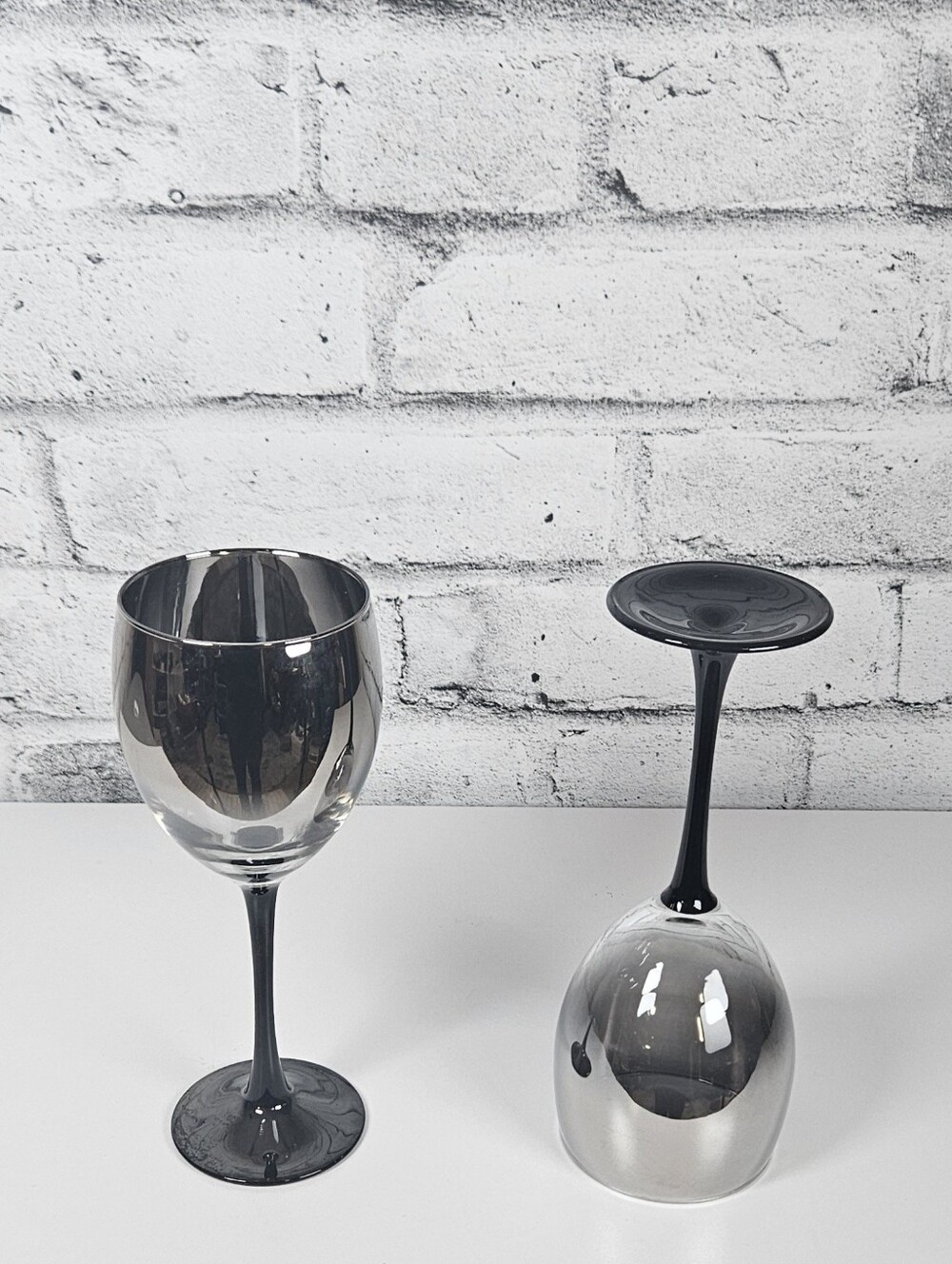 Vintage Arcoroc France Silver Ombre Wine Glasses Smoke Stem Set of 2